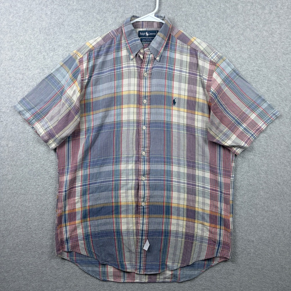 Vintage Ralph Lauren Shirt Mens Medium Hand Woven Madras Plaid Short Sleeve 90s
